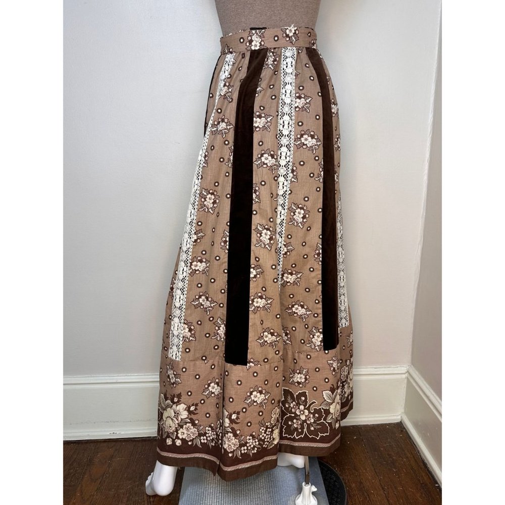 Vintage 1970s Mocha Brown Floral Lace Brown Velvet Patchwork Maxi Skirt, Mr Hank - Picture 3 of 9